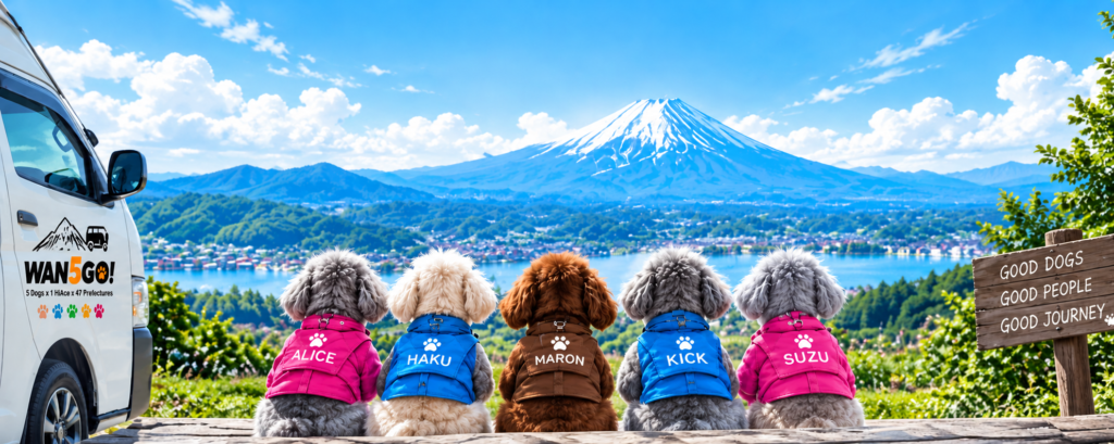 富士山を眺めるWAN5 GO!の5匹の犬たち